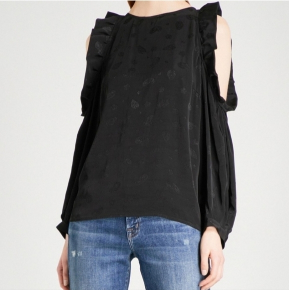 Maje Loyd Ruffled Crepe blouse Floral Jacquard Size Small in black - Picture 2 of 9